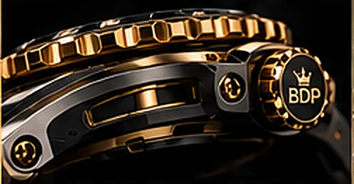 Side profile of the faceted steel and gold case