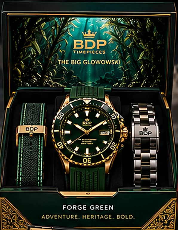 Forge Green presentation box with watch, sailcloth strap and bracelet