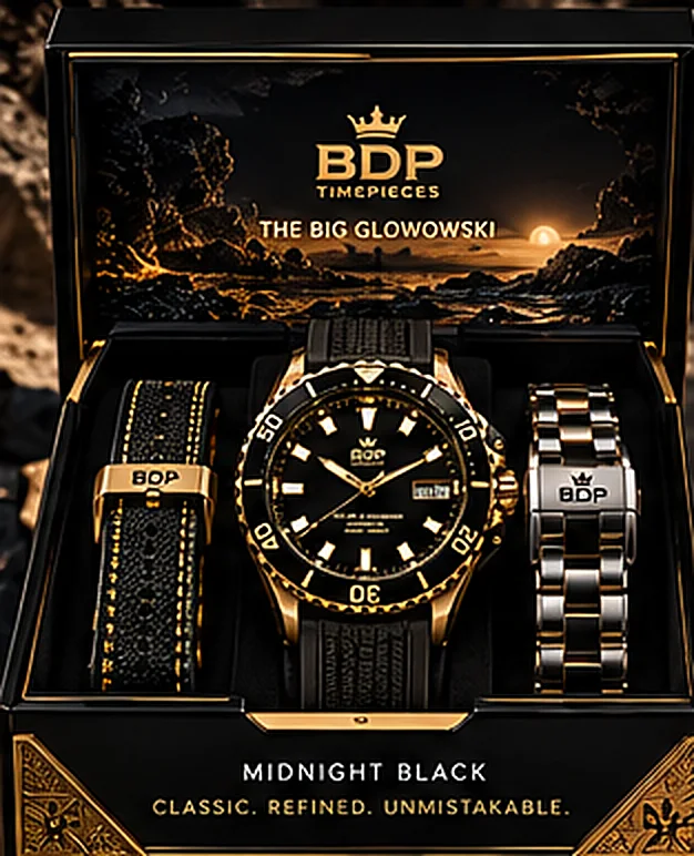 Midnight Black presentation box with watch, sailcloth strap and bracelet