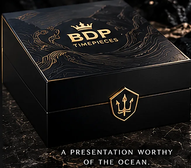 Closed black presentation box with gold wave pattern and trident emblem