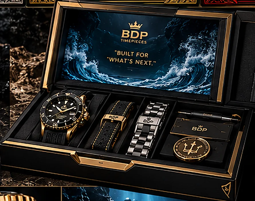 Open presentation box with the watch, straps, bracelet, collector coin and owner's manual